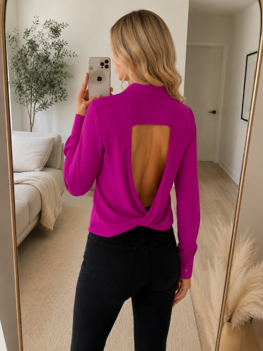 Guess Magenta Open Back Blouse XS Twist Back Long Sleeve Party Top